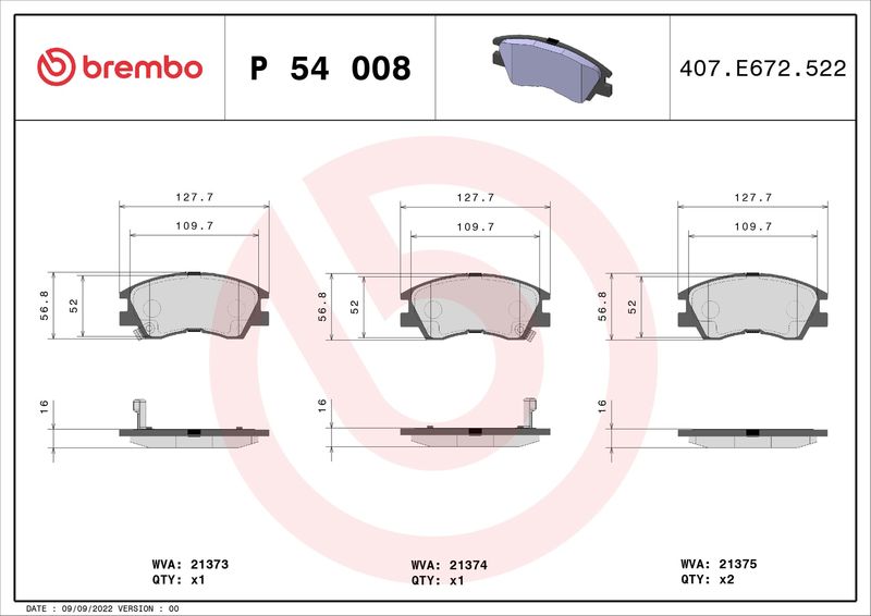 Stabdžių trinkelių rinkinys, diskinis stabdys BREMBO P 54 008