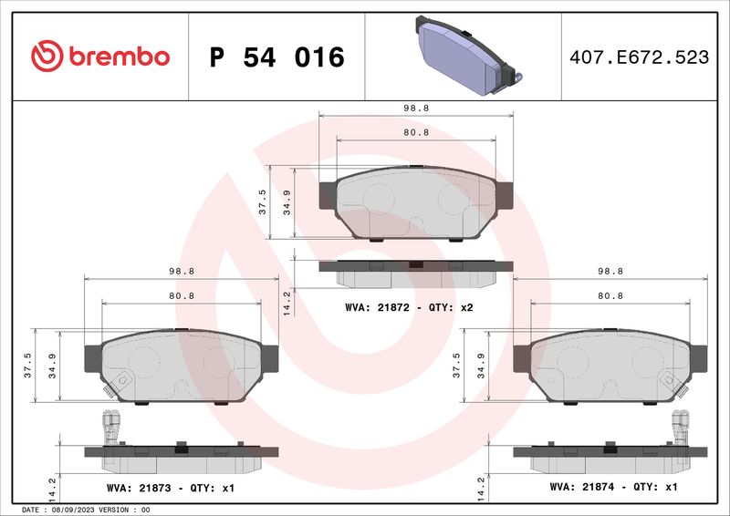 Brake Pad Set, disc brake BREMBO P 54 016