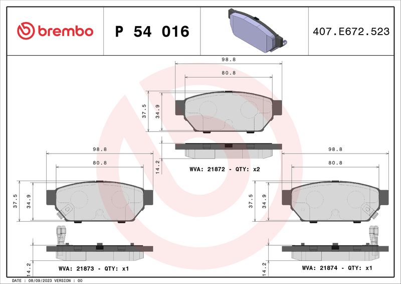 Комплект гальмівних накладок, дискове гальмо BREMBO P 54 016