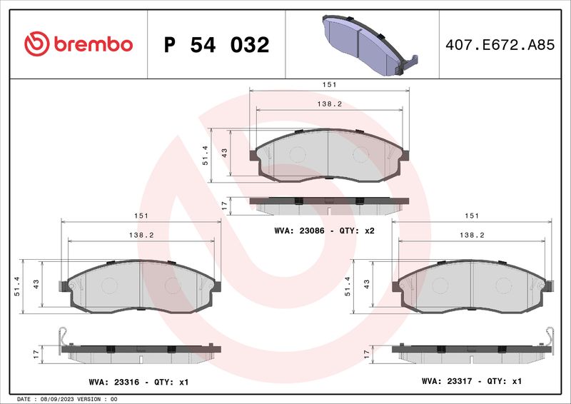 Комплект гальмівних накладок, дискове гальмо BREMBO P 54 032