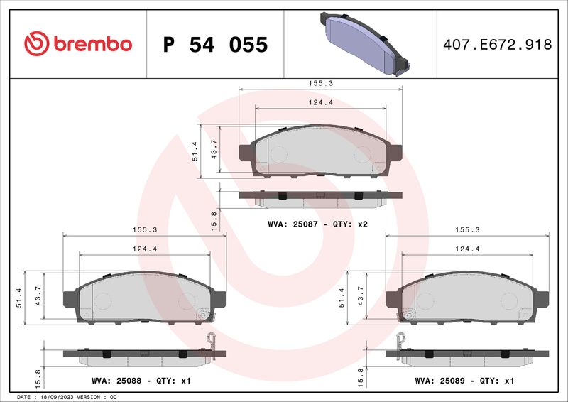 Комплект гальмівних накладок, дискове гальмо BREMBO P 54 055