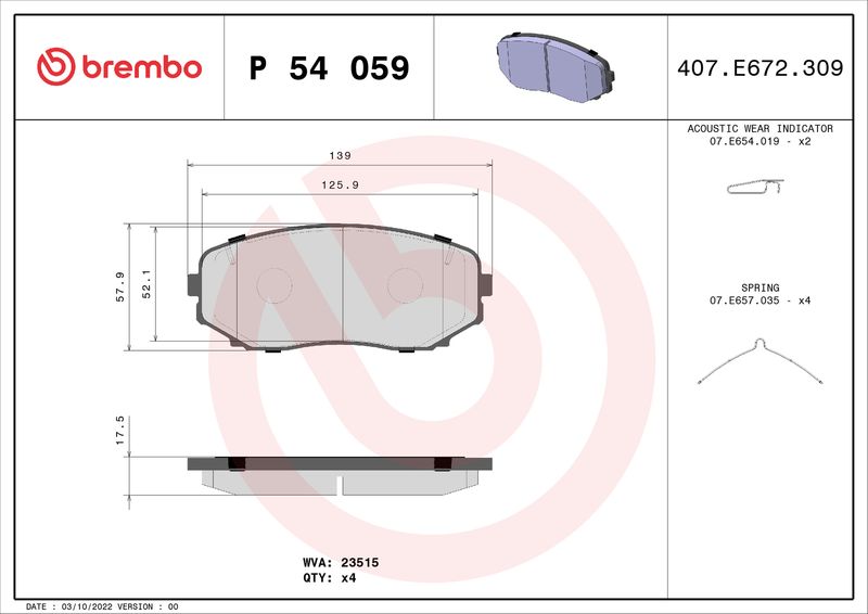 Комплект гальмівних накладок, дискове гальмо BREMBO P 54 059