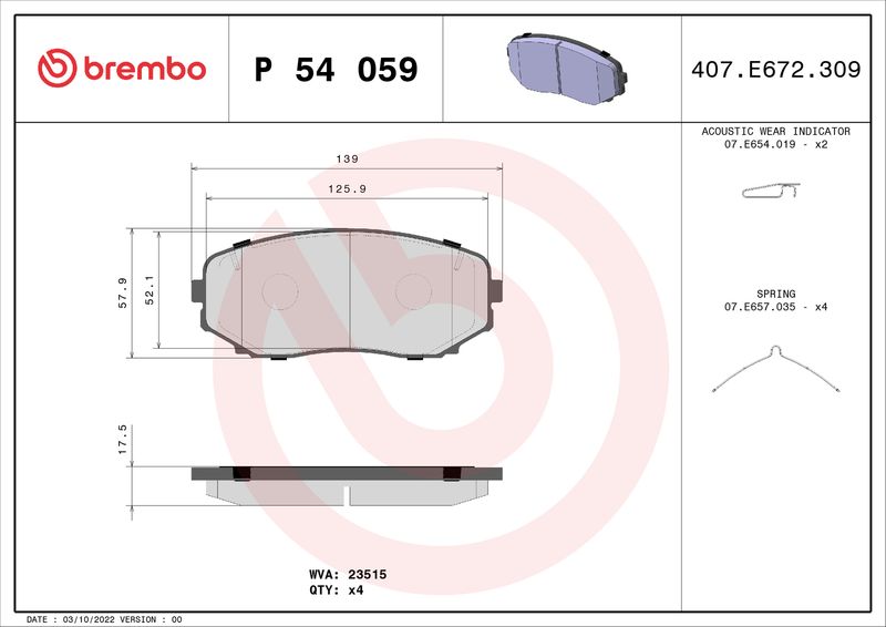 Brake Pad Set, disc brake BREMBO P 54 059