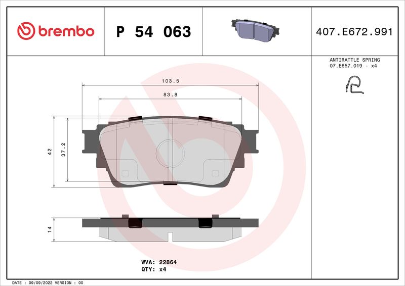 Stabdžių trinkelių rinkinys, diskinis stabdys BREMBO P 54 063