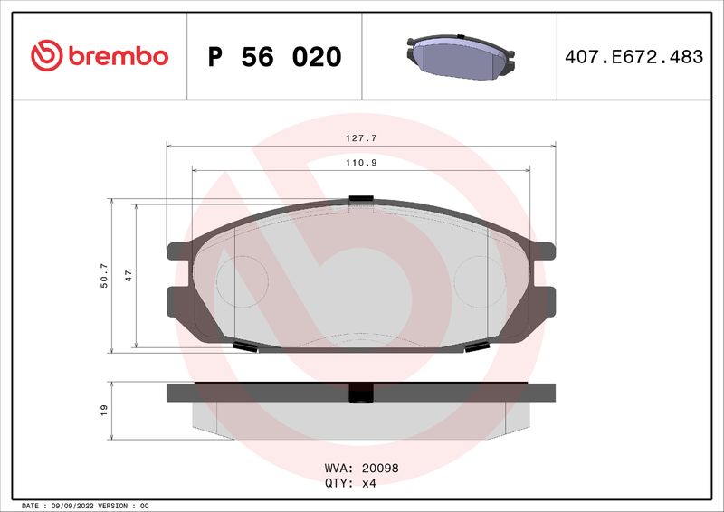 Stabdžių trinkelių rinkinys, diskinis stabdys BREMBO P 56 020