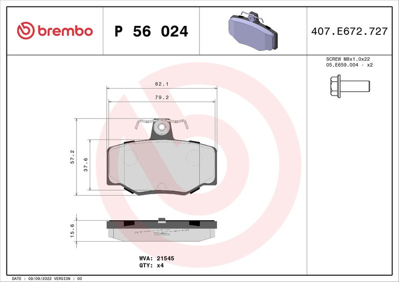 Stabdžių trinkelių rinkinys, diskinis stabdys BREMBO P 56 024