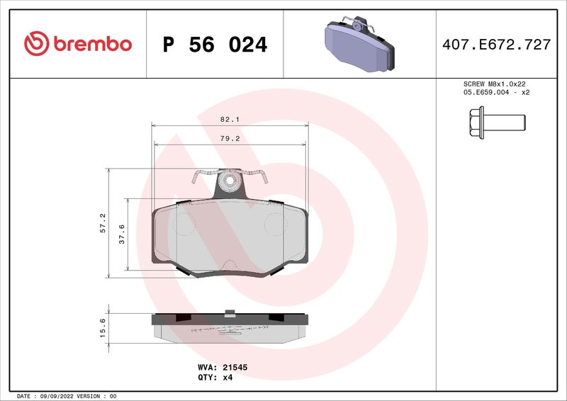 Комплект гальмівних накладок, дискове гальмо BREMBO P 56 024