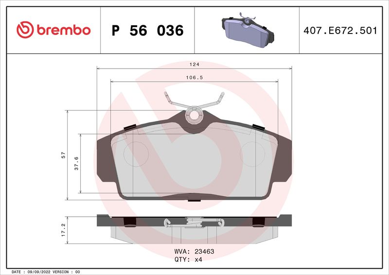 Комплект гальмівних накладок, дискове гальмо BREMBO P 56 036