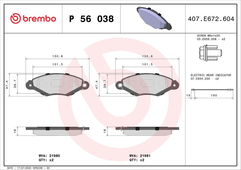 Комплект гальмівних накладок, дискове гальмо BREMBO P 56 038