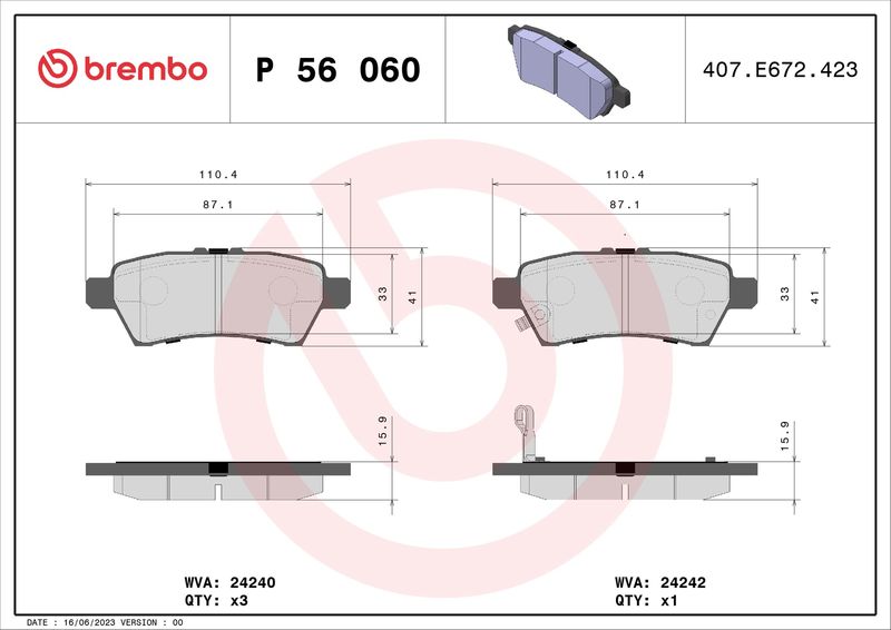 Комплект гальмівних накладок, дискове гальмо BREMBO P 56 060