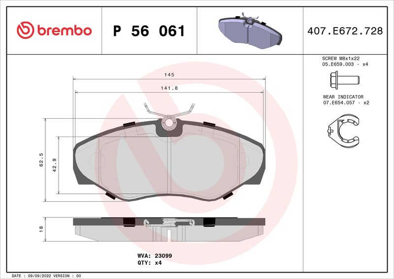 Комплект гальмівних накладок, дискове гальмо BREMBO P 56 061