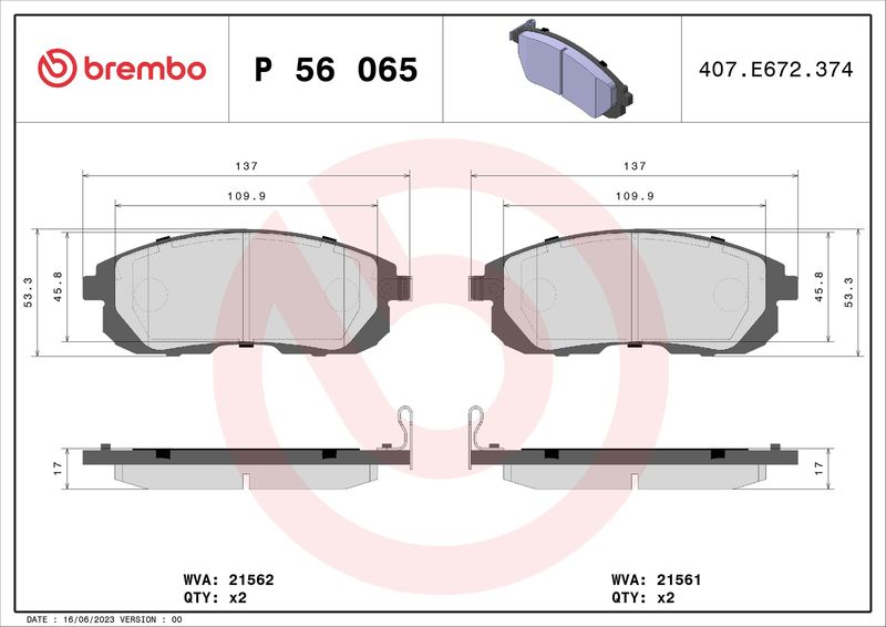 Brake Pad Set, disc brake BREMBO P 56 065