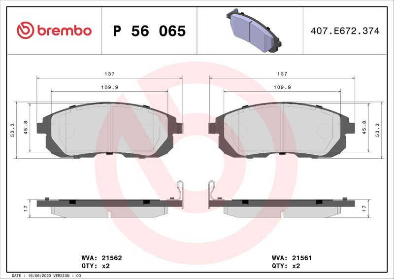 Stabdžių trinkelių rinkinys, diskinis stabdys BREMBO P 56 065