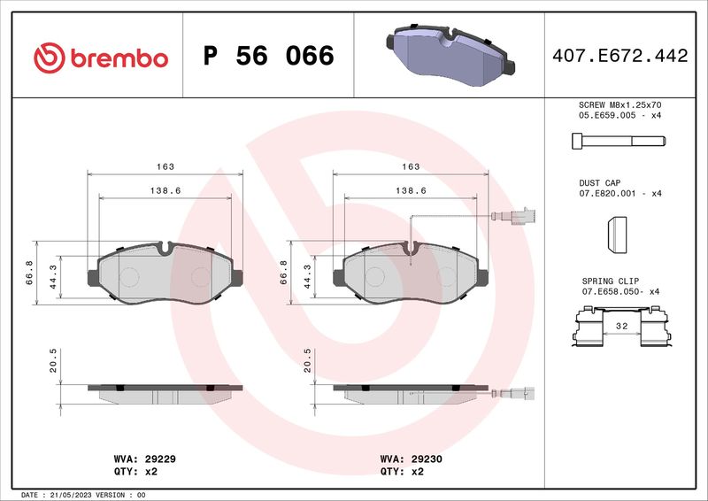 Stabdžių trinkelių rinkinys, diskinis stabdys BREMBO P 56 066