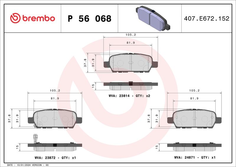 Stabdžių trinkelių rinkinys, diskinis stabdys BREMBO P 56 068