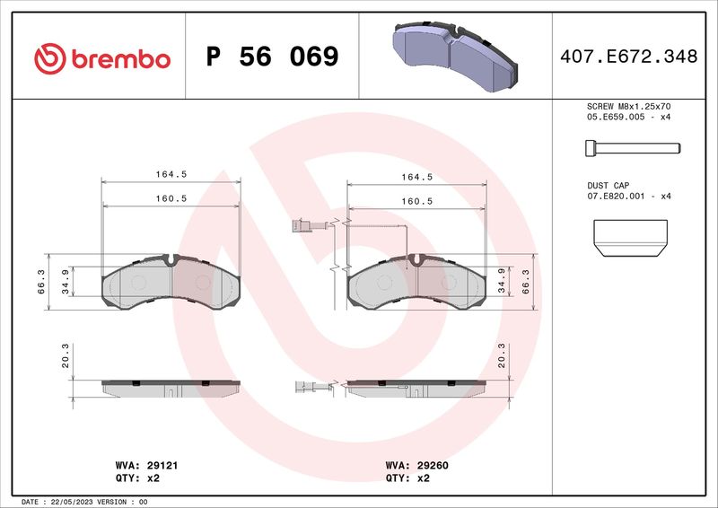 Stabdžių trinkelių rinkinys, diskinis stabdys BREMBO P 56 069