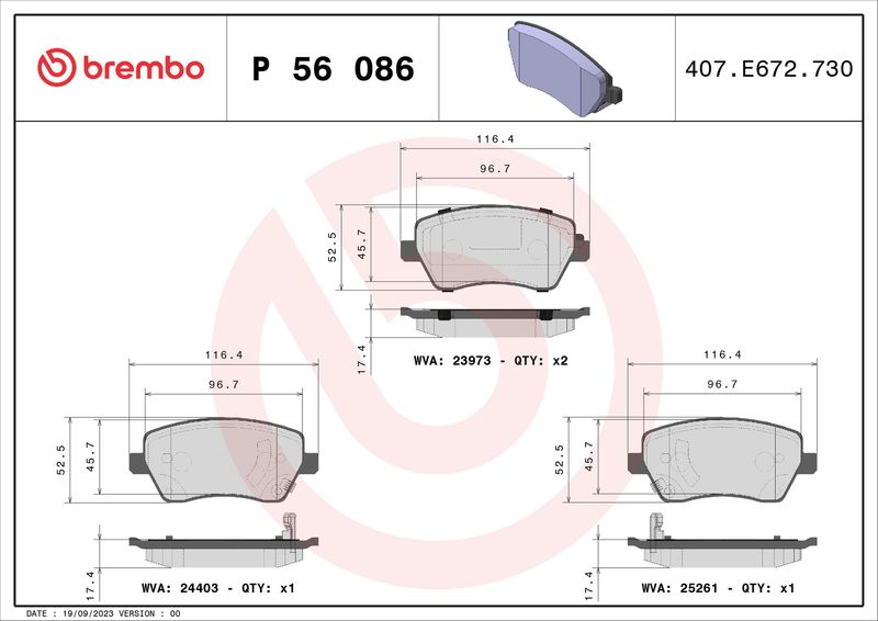 Комплект гальмівних накладок, дискове гальмо BREMBO P 56 086