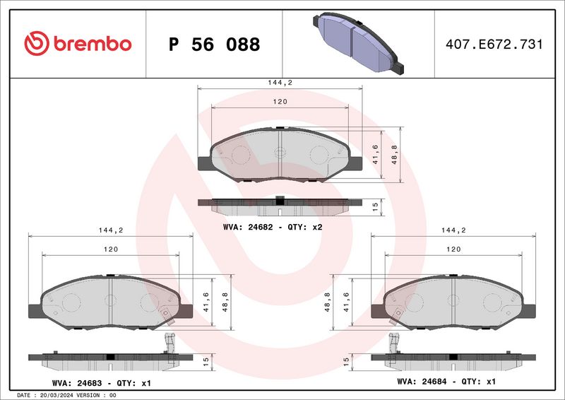 Stabdžių trinkelių rinkinys, diskinis stabdys BREMBO P 56 088