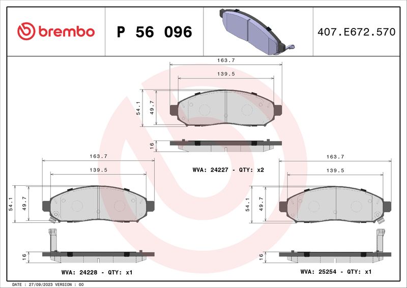 Комплект гальмівних накладок, дискове гальмо BREMBO P 56 096