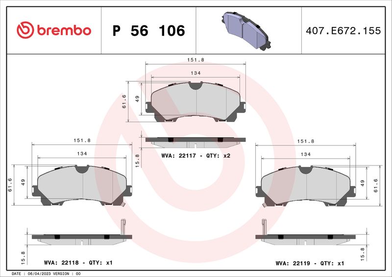 Brake Pad Set, disc brake BREMBO P 56 106