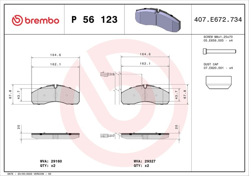 Stabdžių trinkelių rinkinys, diskinis stabdys BREMBO P 56 123
