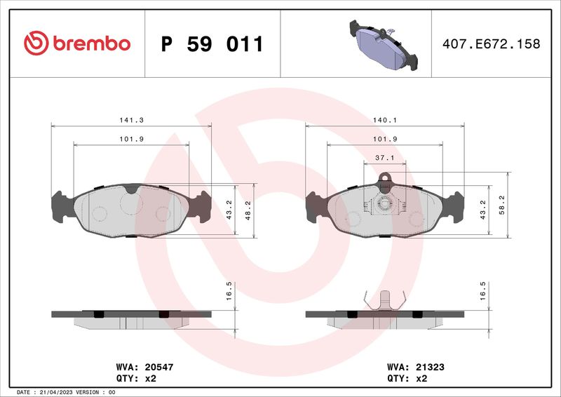 Комплект гальмівних накладок, дискове гальмо BREMBO P 59 011