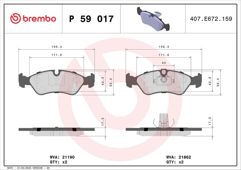 Комплект гальмівних накладок, дискове гальмо BREMBO P 59 017