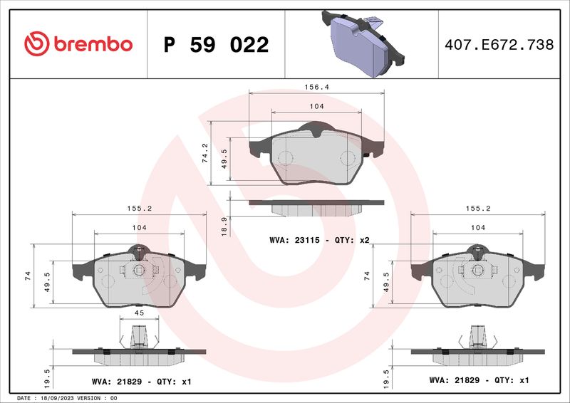 Stabdžių trinkelių rinkinys, diskinis stabdys BREMBO P 59 022