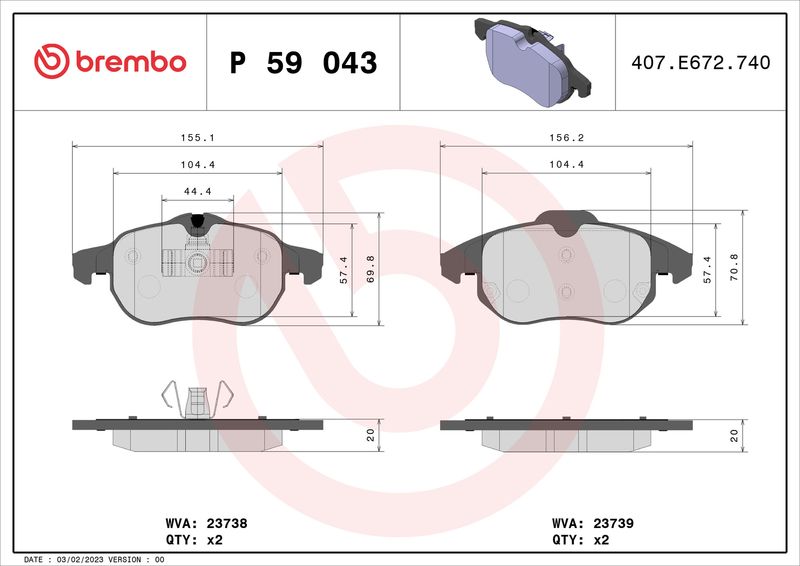 Комплект гальмівних накладок, дискове гальмо BREMBO P 59 043