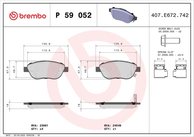 Комплект гальмівних накладок, дискове гальмо BREMBO P 59 052