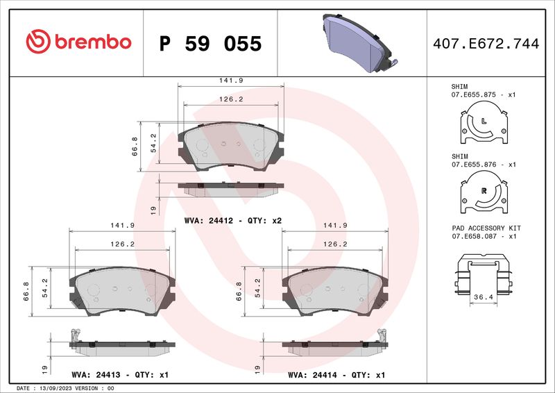 Комплект гальмівних накладок, дискове гальмо BREMBO P 59 055