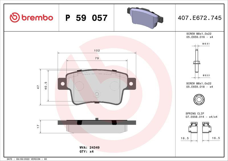 Stabdžių trinkelių rinkinys, diskinis stabdys BREMBO P 59 057