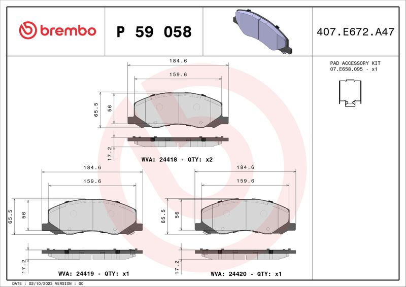 Комплект гальмівних накладок, дискове гальмо BREMBO P 59 058