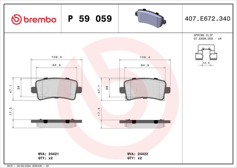 Комплект гальмівних накладок, дискове гальмо BREMBO P 59 059