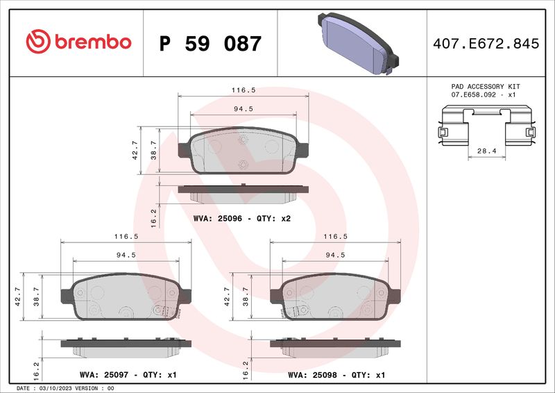 Комплект гальмівних накладок, дискове гальмо BREMBO P 59 087