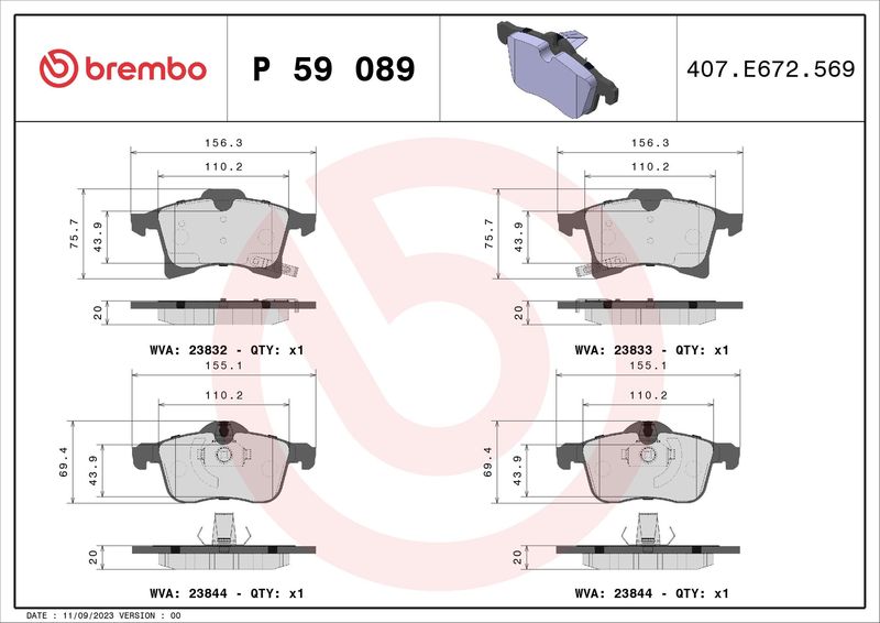 Stabdžių trinkelių rinkinys, diskinis stabdys BREMBO P 59 089