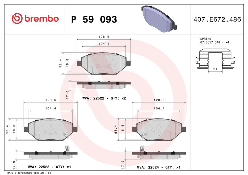 Комплект гальмівних накладок, дискове гальмо BREMBO P 59 093