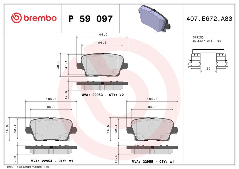 Комплект гальмівних накладок, дискове гальмо BREMBO P 59 097