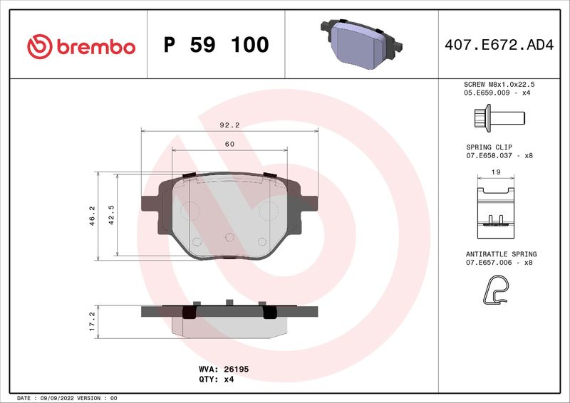 Stabdžių trinkelių rinkinys, diskinis stabdys BREMBO P 59 100