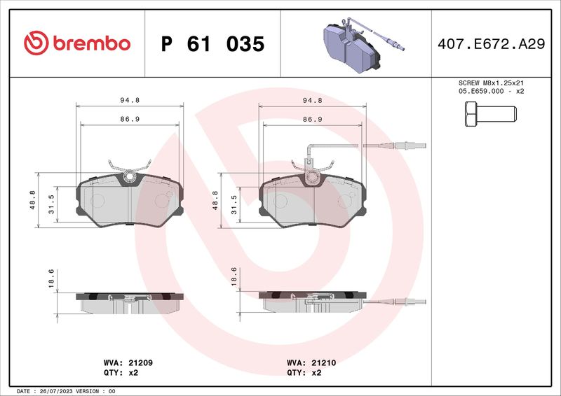 Комплект гальмівних накладок, дискове гальмо BREMBO P 61 035