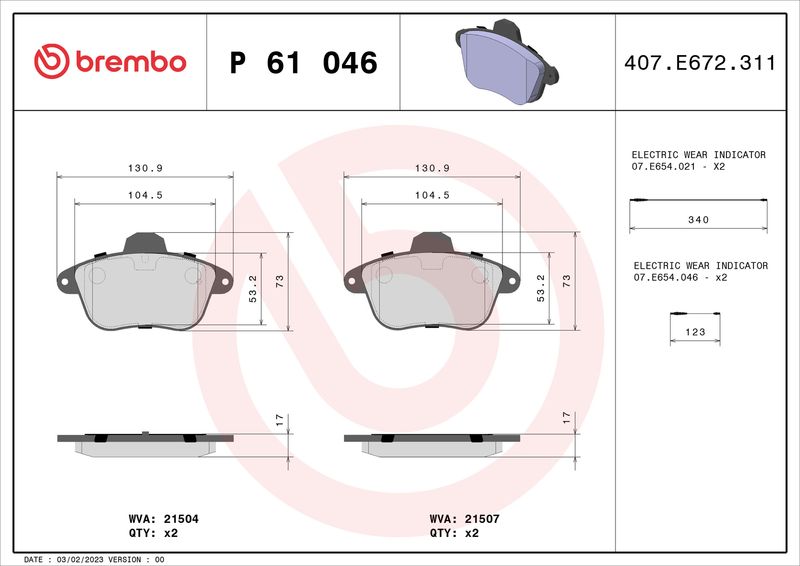 Комплект гальмівних накладок, дискове гальмо BREMBO P 61 046