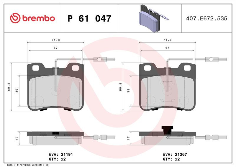 Stabdžių trinkelių rinkinys, diskinis stabdys BREMBO P 61 047