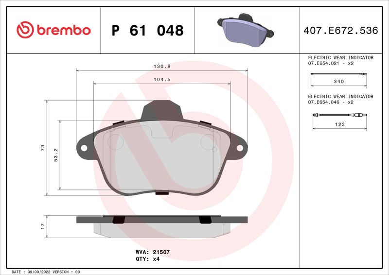 Stabdžių trinkelių rinkinys, diskinis stabdys BREMBO P 61 048