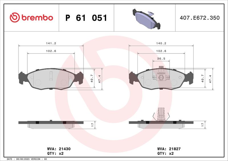 Brake Pad Set, disc brake BREMBO P 61 051