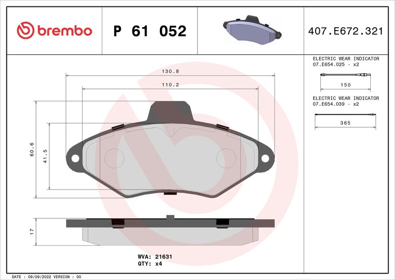 Комплект гальмівних накладок, дискове гальмо BREMBO P 61 052