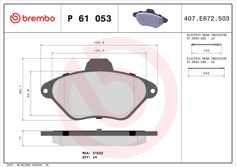Комплект гальмівних накладок, дискове гальмо BREMBO P 61 053