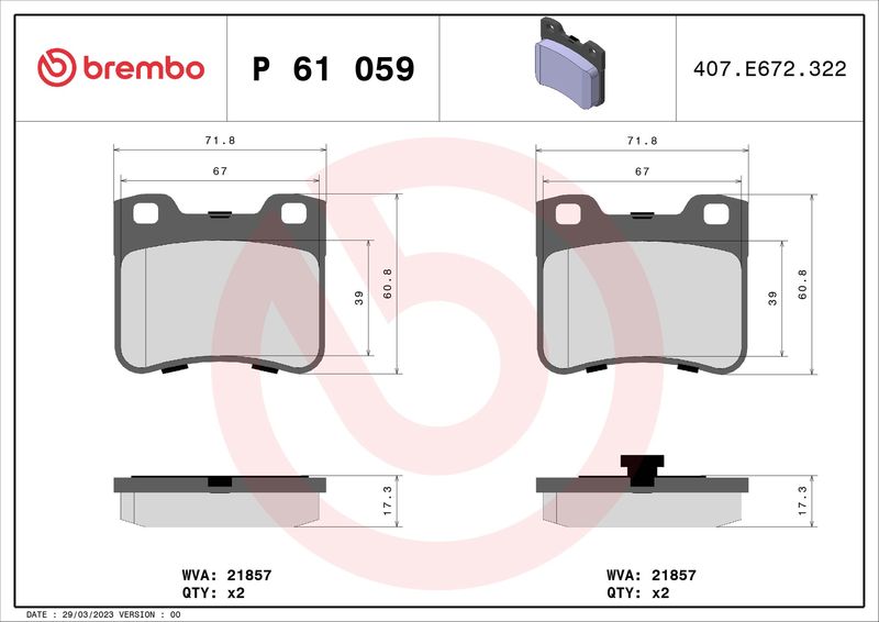 Stabdžių trinkelių rinkinys, diskinis stabdys BREMBO P 61 059