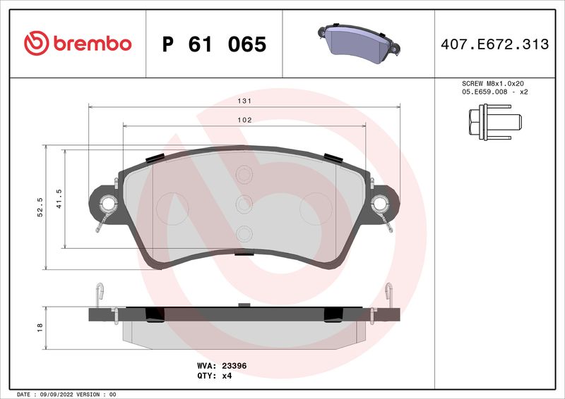 Комплект гальмівних накладок, дискове гальмо BREMBO P 61 065