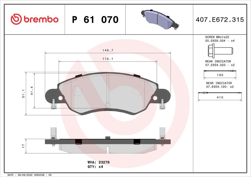 Stabdžių trinkelių rinkinys, diskinis stabdys BREMBO P 61 070