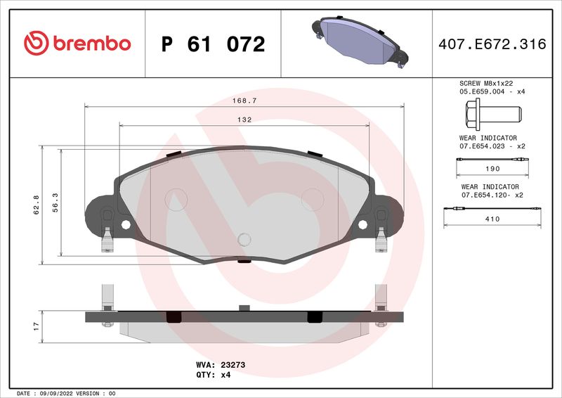 Комплект гальмівних накладок, дискове гальмо BREMBO P 61 072